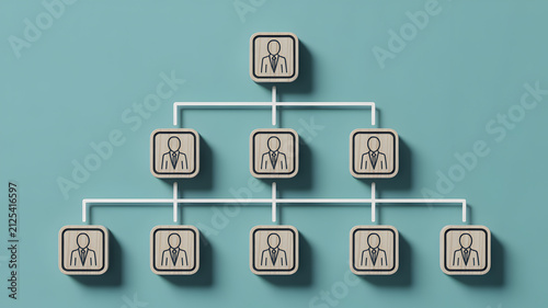 Corporate Hierarchy Organizational Chart with Wooden Blocks and User Icons for Business Management