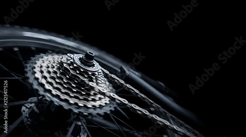 Shiny metal bicycle gear cassette spinning rapidly on a rear wheel isolated against a deep black background with motion blur