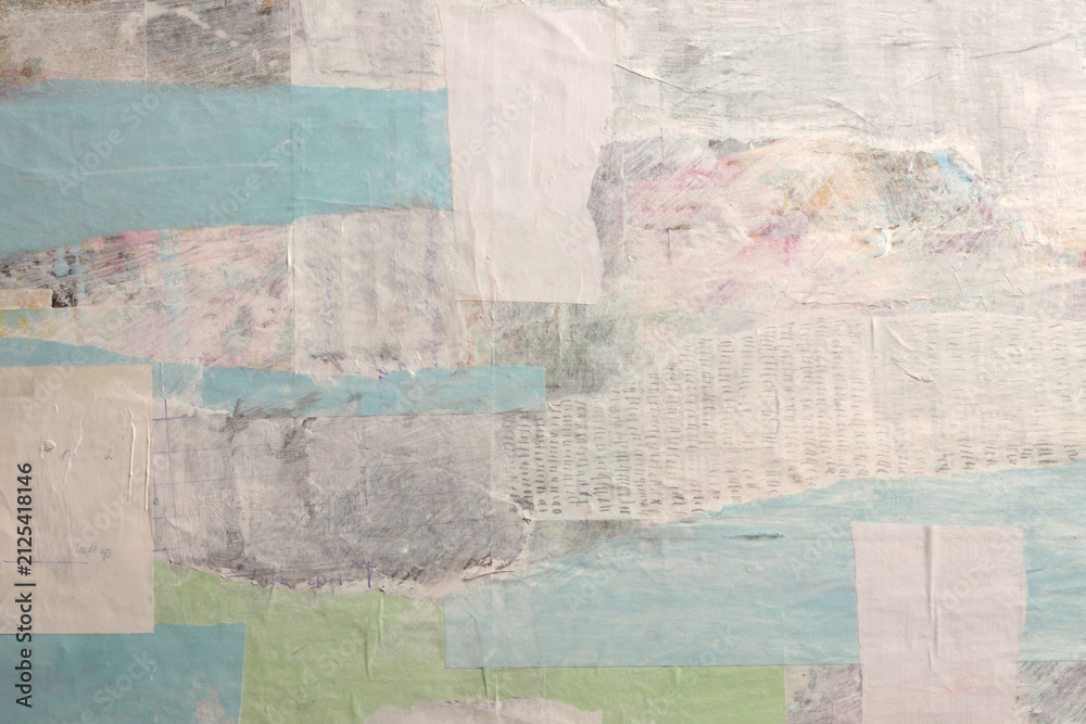 Naklejka premium Torn, ripped crumble paper pieces wrinkled collage. Art Poster painting wall. Abstract grunge dirty beige white, blue gray texture neutral background.