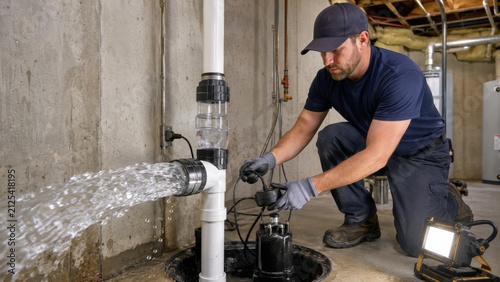 Plumber testing basement sump pump and check valve
