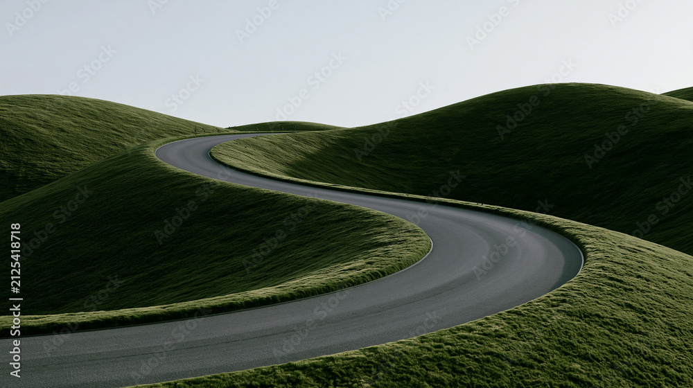 Fototapeta premium empty winding road through surreal green hills, elegant editorial landscape of a serene countryside road, cinematic luxury road scene across smooth rolling hills