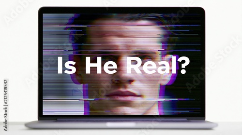 Digital glitch effect on laptop screen with face