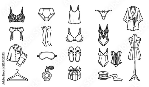 Fotografía Elegant Lingerie Outline Icons Hand Drawn Fashion Boutique Vector Collection