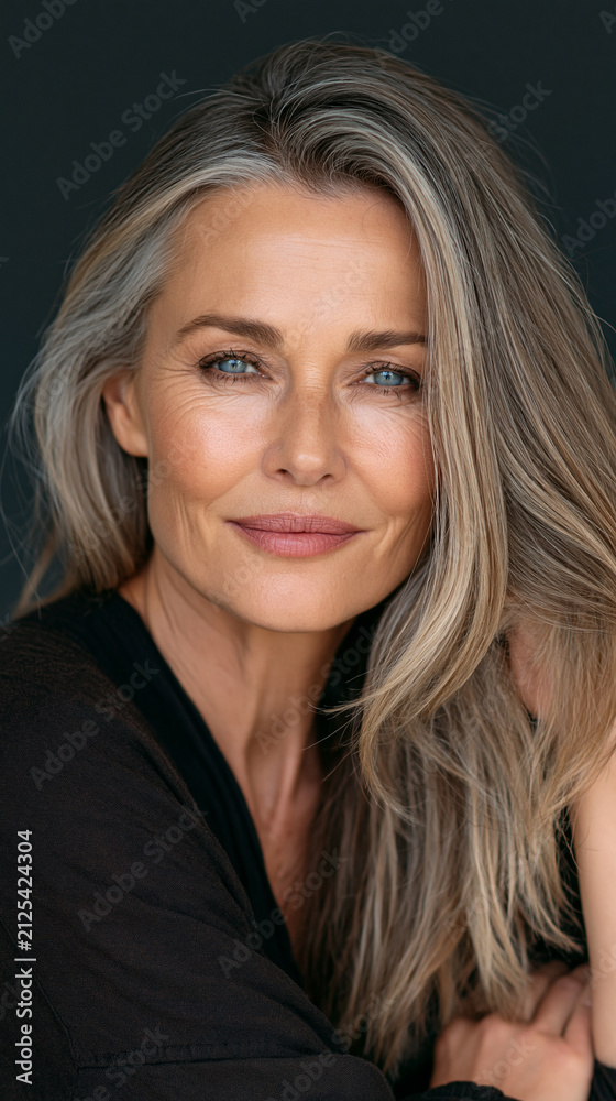 Fototapeta premium glowing mature woman portrait with elegant natural beauty, cinematic headshot of confident middle aged woman with radiant skin, timeless elegant female beauty portrait with soft light 