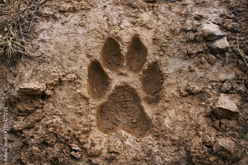 Wild animal paw print in mud close up wildlife tracking nature background