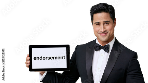 Smiling man in tuxedo holding tablet with endorsement text isolated on transparent background png element