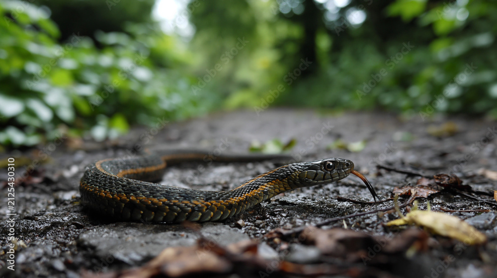 Fototapeta premium Snake slithering across park path on wet ground