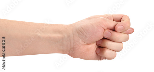 Male hand showing fig sign with thumb between fingers, isolated on transparent cutout background