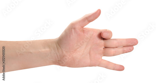 Male right hand showing dog gesture, isolated on transparent cutout background