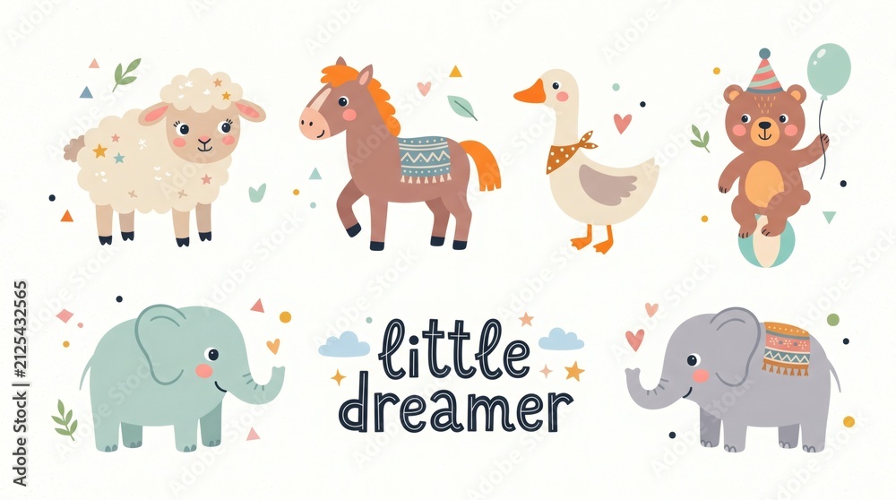 Obraz premium Cute cartoon animals with text little dreamer for kids