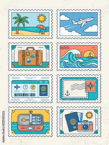 Collection of travel themed postage stamps with vacation icons