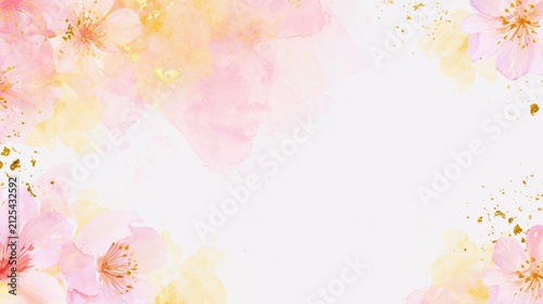 Growth themed soft pink watercolor cherry blossoms with golden splashes create elegant floral background for spring design