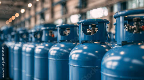 Rows of blue industrial gas cylinders in a warehouse. Represents energy supply and fuel storage solutions.