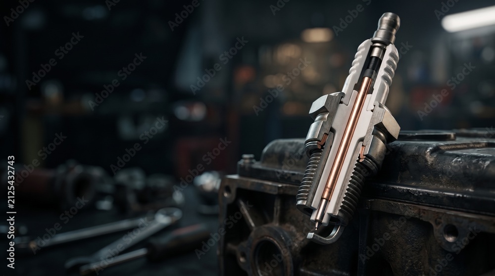 Fototapeta premium Detailed car spark plug cross-section revealing internal components in a dark industrial auto mechanic workshop, perfect for automotive engineering, repair, and technology backgrounds.