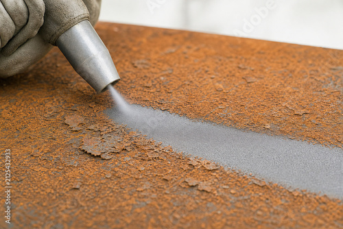 Worker in protective glove using sandblaster to remove rust from steel plate. Metal cleaning process with high pressure abrasive jet. Industrial surface preparation and restoration.