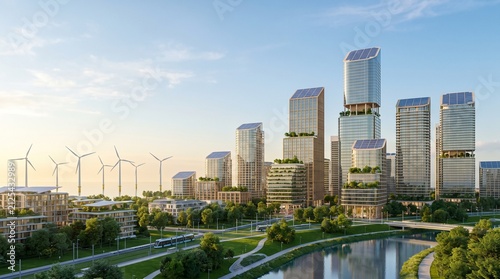Sustainable city skyline features green towers and wind energy turbines.