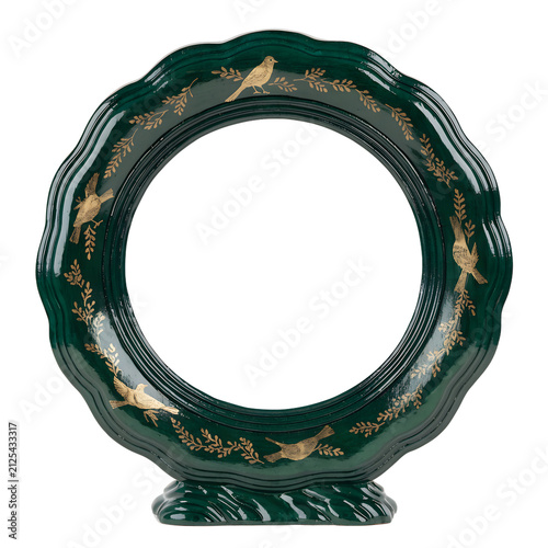 Ornate emerald green circular frame with gold bird and leaf motifs