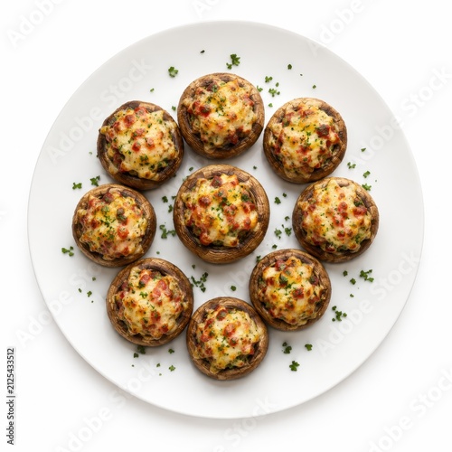 Überbackene gefüllte Champignons mit würziger Käsefüllung auf weißem Teller, appetitlich angerichtet und freigestellt als hochwertige Studioaufnahme in Vogelperspektive.
