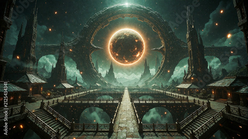 Ethereal Celestial Gateway with Glowing Cosmic Orb over Ancient Stone Architecture