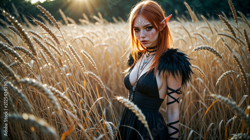 Ethereal Red-Haired Elf Woman in Golden Wheat Field at Sunset