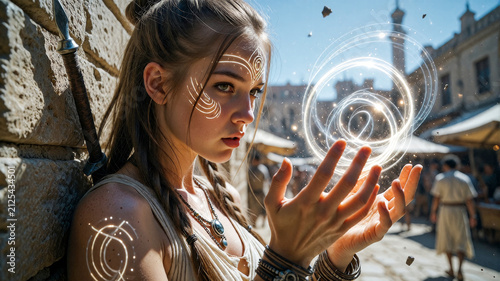 Fantasy Sorceress Casting Glowing Arcane Magic in Ancient Marketplace