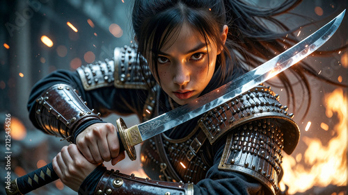 Female Samurai Warrior Holding Katana Sword in Battle