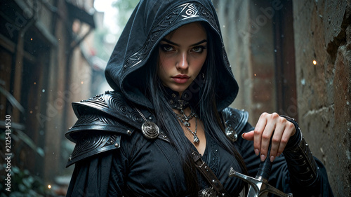Female Assassin in Gothic Fantasy Armor Standing in Alleyway