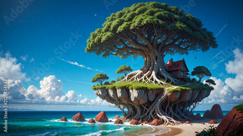 Floating Island with Ancient Banyan Tree and Cozy Cottage over Tropical Beach