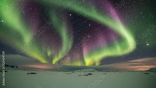 Vibrant green and purple northern lights over snowy Arctic coastal landscape.