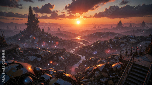 Post-Apocalyptic Robot Scrapheap City at Sunset