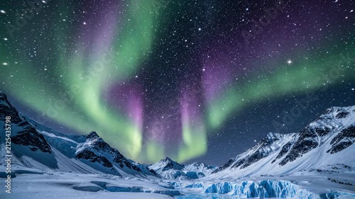 Aurora Borealis over Snowy Mountain Forest under a Starry Night Sky.