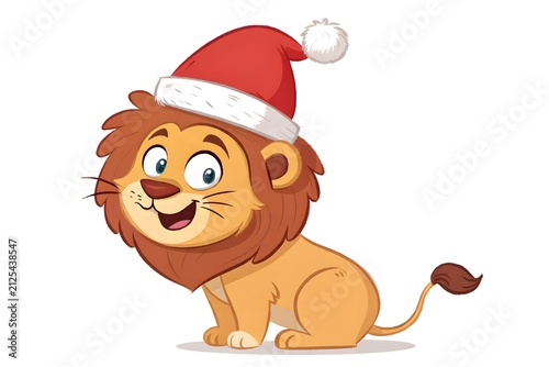 Cute cartoon lion cub wearing Santa hat smiling