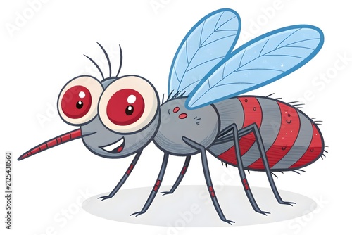 Cartoon fly with big red eyes and striped body