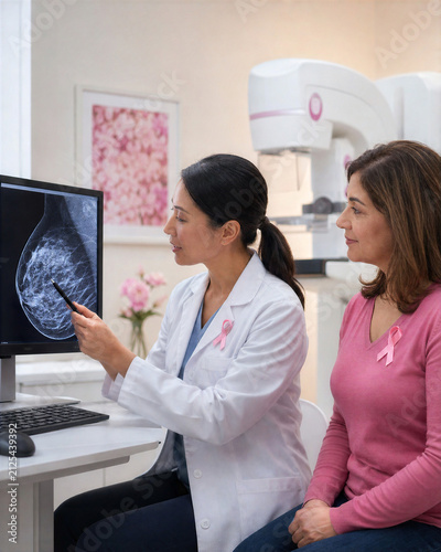 Doctor explaining a mammography image to a female patient during a breast cancer screening consultation