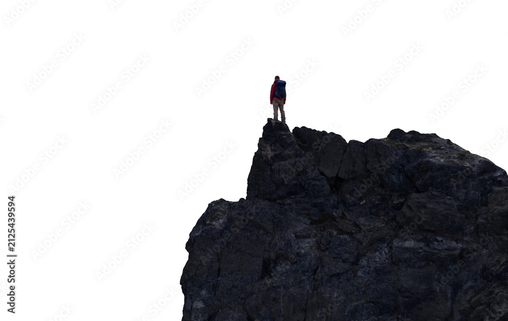 Fototapeta premium Hiker Standing on Rocky Cliff Edge With Backpack Over White Background, Adventure and Solitude