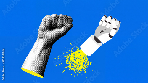 A grayscale human fist confronts a robotic arm that is releasing yellow tangled strings, symbolizing a conflict.