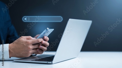 Search Engine Optimization SEO Search Bar Internet Query Businessman Smartphone Laptop Online Research Technology
