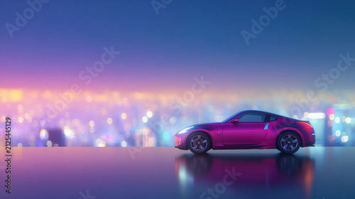 Model car on a table next to city lights at night