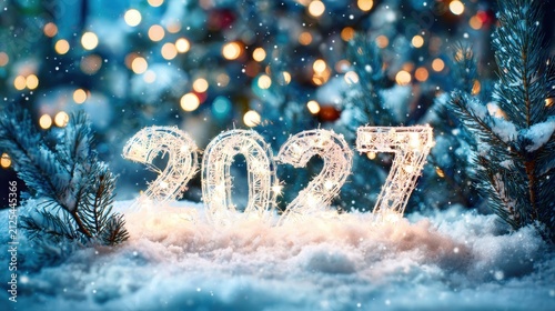 New year celebration with the number 2027 made of lights in a winter landscape