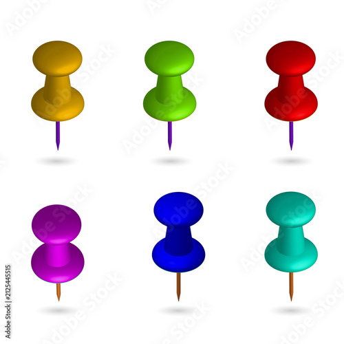 Colorful push pins for office and design use on transparent background