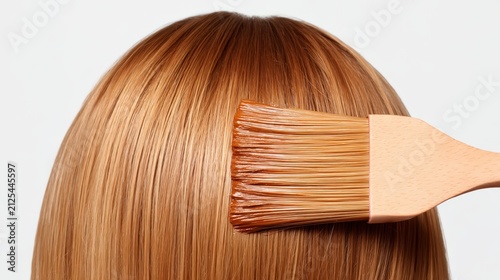A close-up image of a wooden brush applying reddish-brown hair dye on straight, light brown hair against a white background.