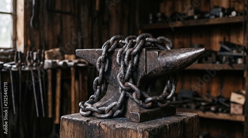 Heavy forged chain lies draped over a worn anvil inside a traditional wooden blacksmith workshop. Concept metalwork, strength and heritage craft for ads, blogs and editorial. Generative AI.