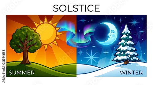 Summer and winter solstice seasonal transition illustration with sun moon aurora borealis and nature landscape vector graphic