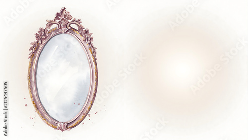 An ornate oval vintage mirror with a decorative gold and pink frame isolated on a transparent background