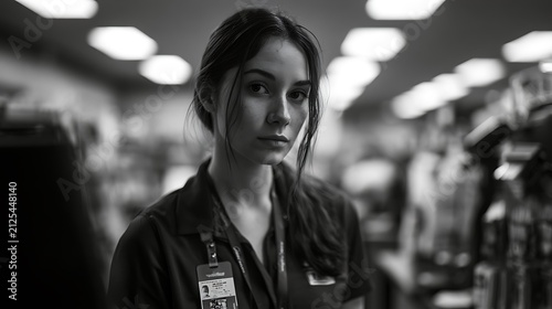 Prompt: A poignant portrait of a retail cashier right after the store closes. Her forced customer-service smile drops into a look of absolute, hollow numbness. Shot on Phase One XF IQ4, f/3.5. 