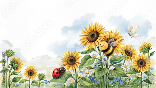 Cute bee and ladybug on yellow sunflowers in a garden isolated on a transparent background
