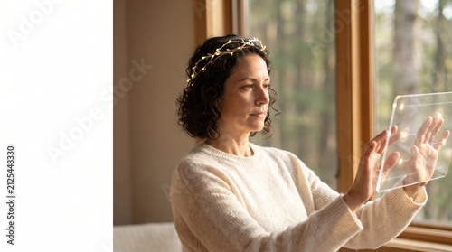 Woman holding transparent tablet future technology innovation digital interface