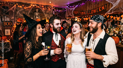 People dressed in elaborate Halloween costumes stand together in a dimly lit, decorated bar while enjoying drinks and conversation.