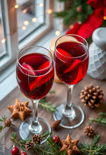 Two glasses of mulled wine with apple slices, festive christmas decorations, and warm bokeh lights on a wooden surface