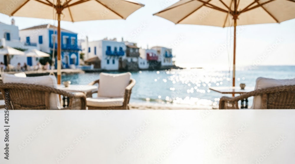 Fototapeta premium Coastal Cafe View with Umbrellas and Sea for Travel Marketing